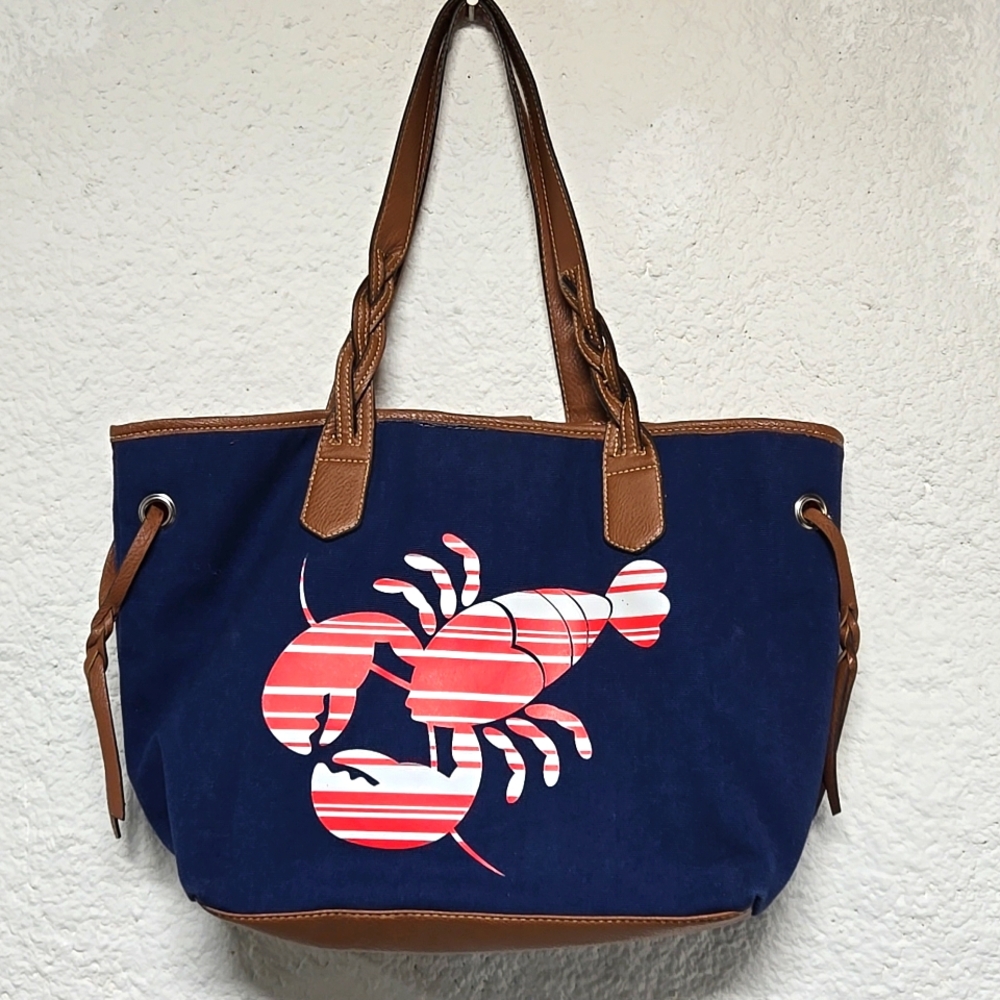croft & barrow Navy Tote with Brown Trim and Red Striped Lobster Graphic